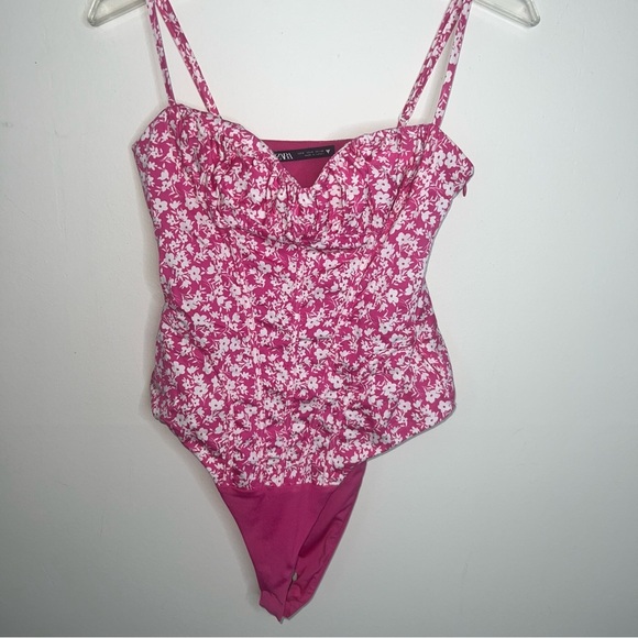 Zara Pink and White Floral Print Corset Style Barbiecore Bodysuit Size Small - Picture 7 of 12